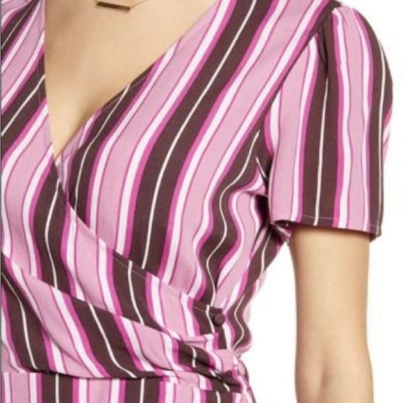 Leith multicolor print striped short sleeve V neck pink purple dress Sz Small - Picture 3 of 10